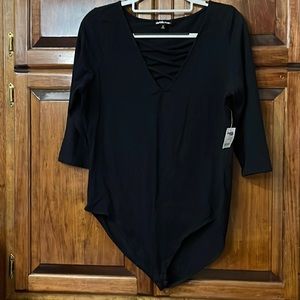 NWT Black 3/4 Sleeve Bodysuit with Front Lattice Accent and Button Closure